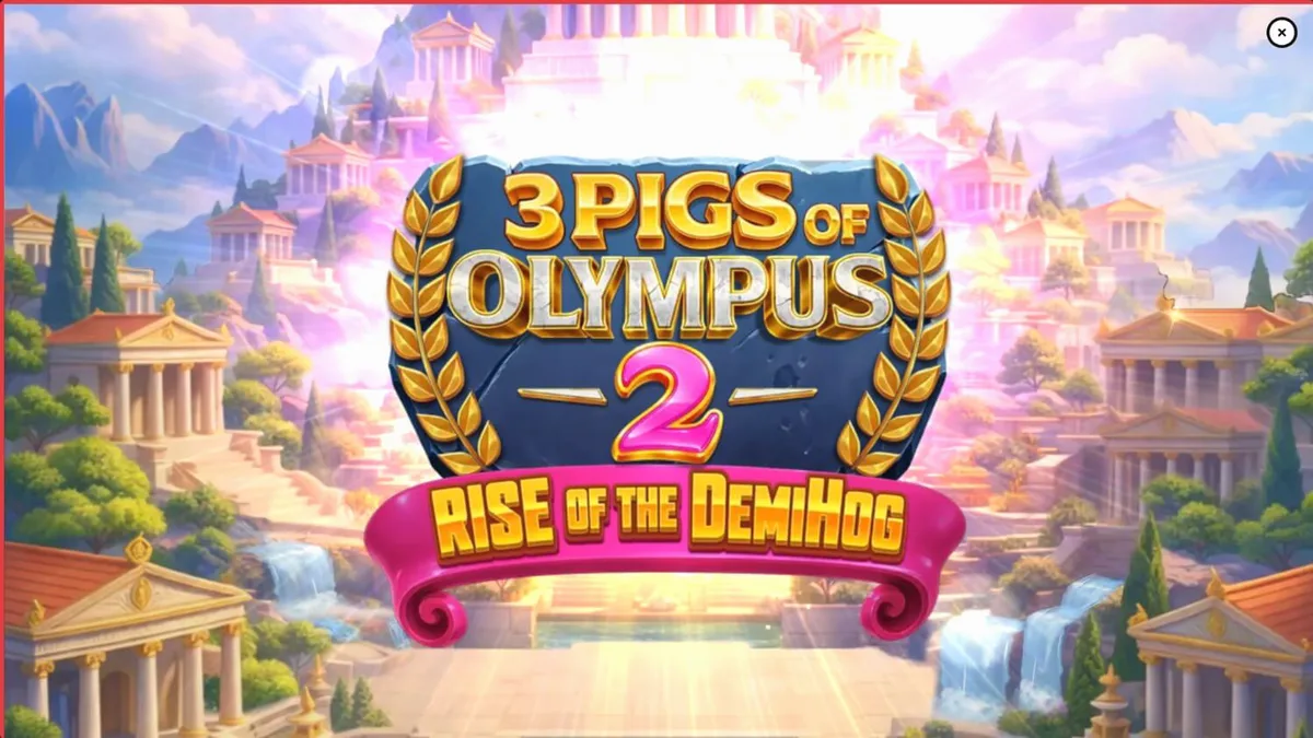 Ang visual na presentasyon ng 3 Pigs of Olympus 2 na nagpapakita ng mga pig gods sa Mount Olympus.