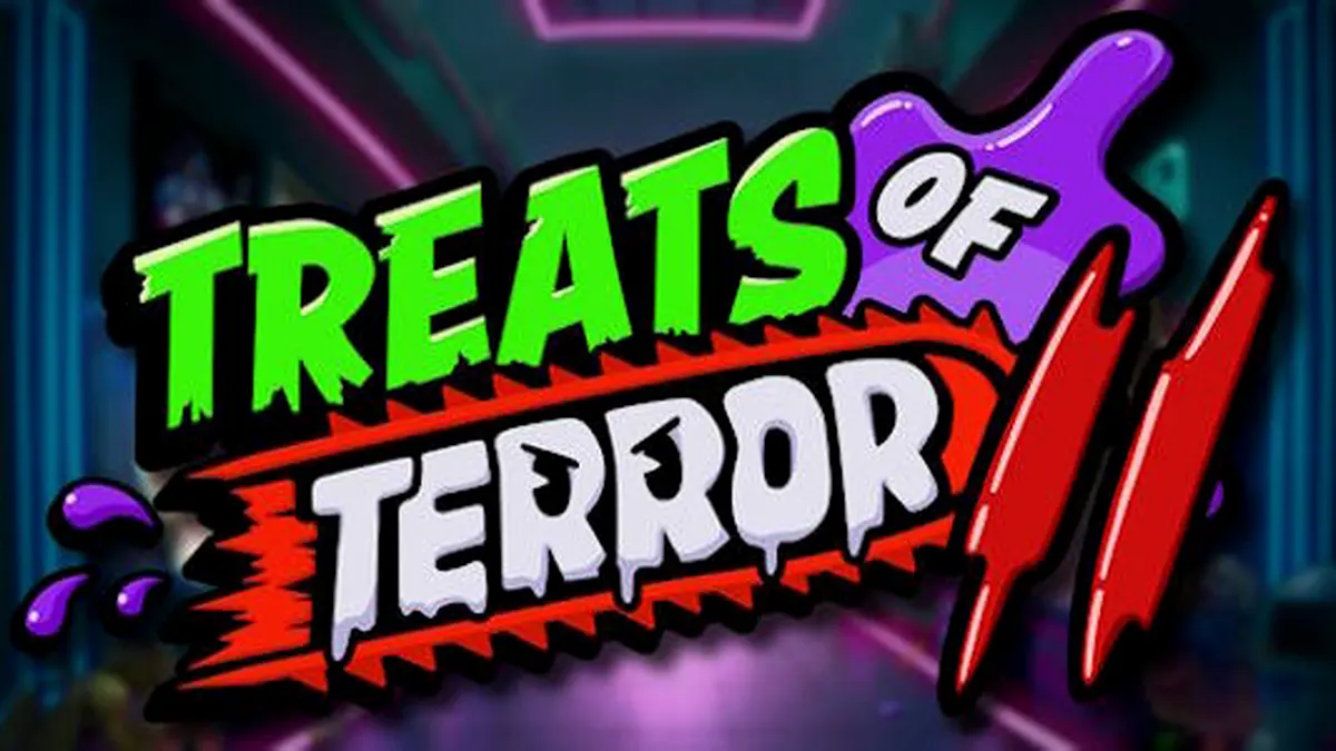 Isang masiglang visual ng Treats of Terror II na nagpapakita ng mga buhay na pagkain sa isang arcade setting.