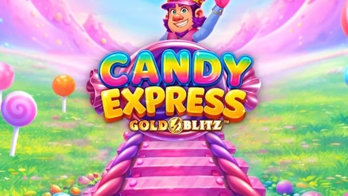 Makulay na interface ng Candy Express Gold Blitz slot na may mga candy at tren.